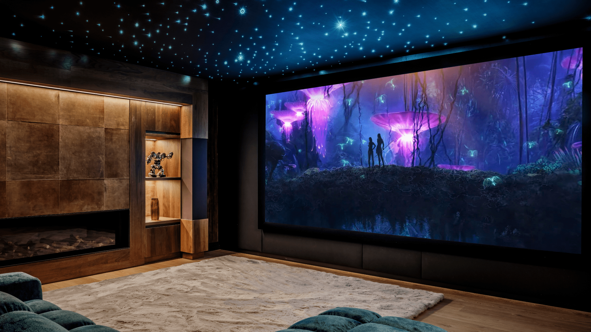 Thuisbioscoop met een groot scherm waarop een scène uit Avatar te zien is, onder een plafond met sterrenhemelverlichting.