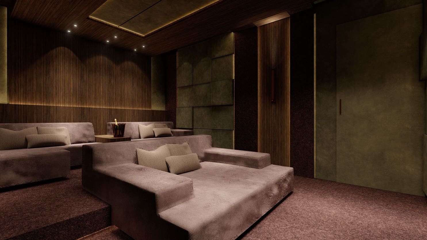 Luxe thuisbioscoop met zachte loungebanken en houten wandpanelen in het Moresenz-project Belgraver. Luxe thuisbioscoop met zachte loungebanken en houten wandpanelen in het Moresenz-project Belgraver.