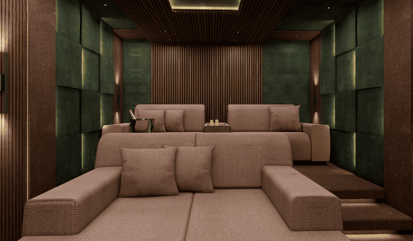 Luxe thuisbioscoop met comfortabele banken, sfeervolle houten lattenwanden en groene panelen.