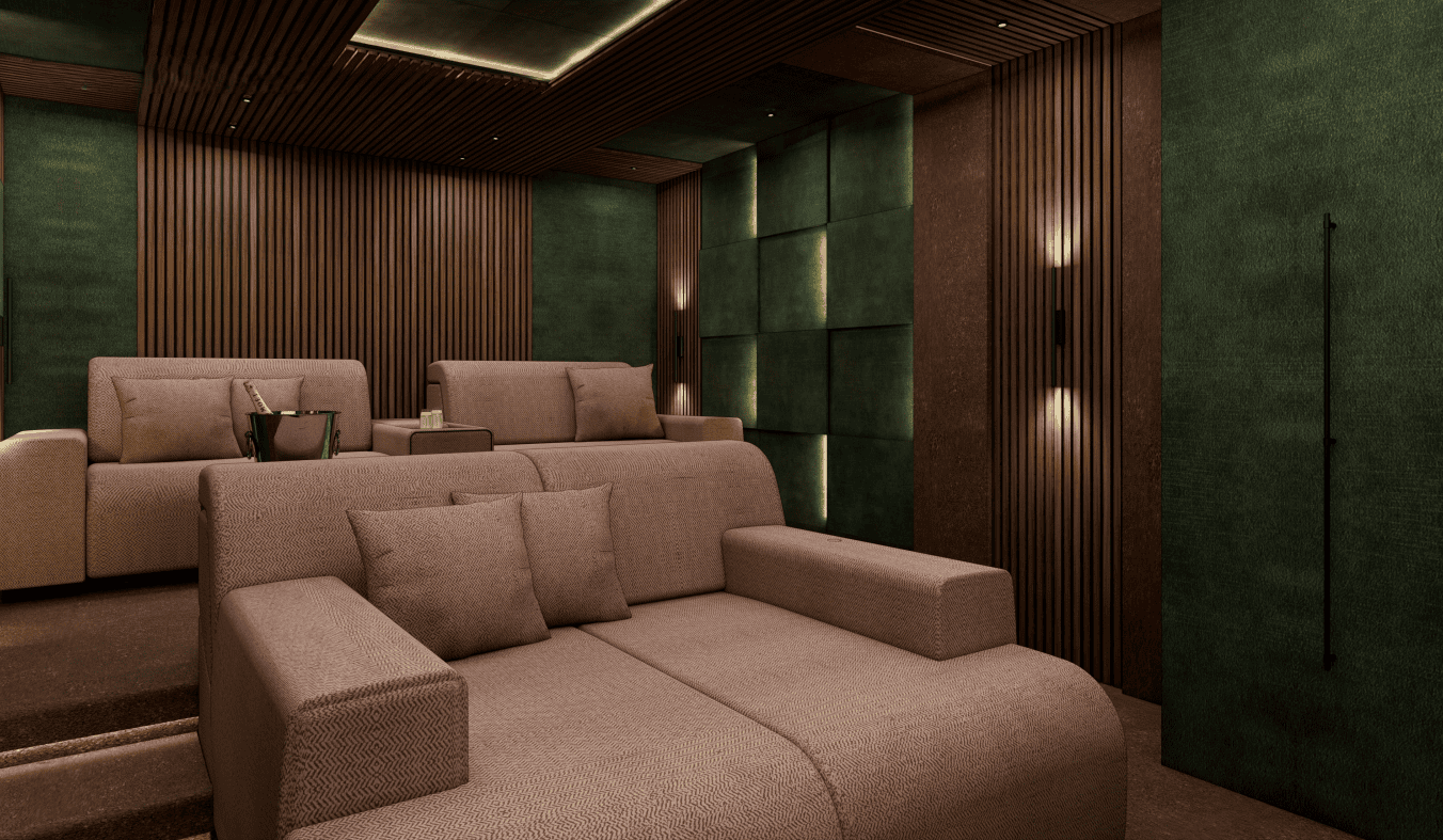Luxe thuisbioscoop met comfortabele beige banken, houten lattenwanden en sfeervolle verlichting van Belgraver. Luxe thuisbioscoop met comfortabele beige banken, houten lattenwanden en sfeervolle verlichting van Belgraver.