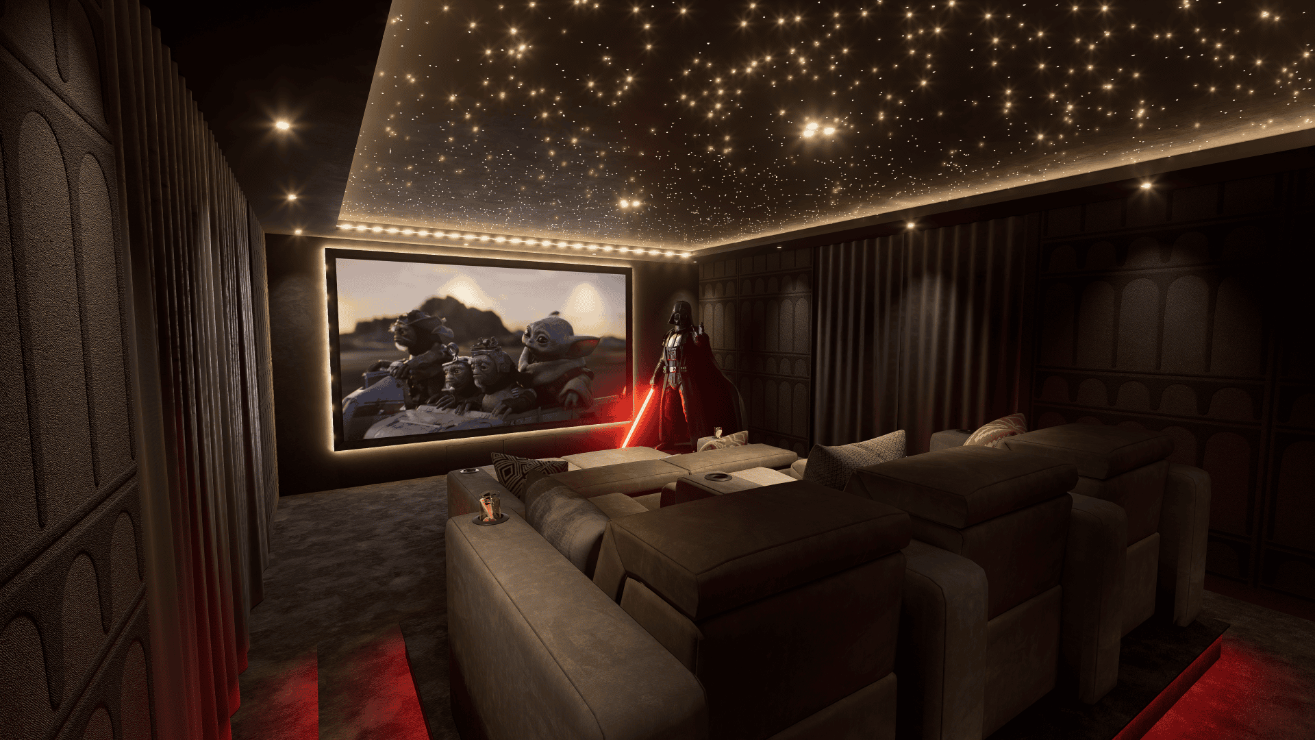 Luxe thuisbioscoop met comfortabele stoelen, een sterrenhemelplafond en een scherm met Star Wars-figuren en Darth Vader.