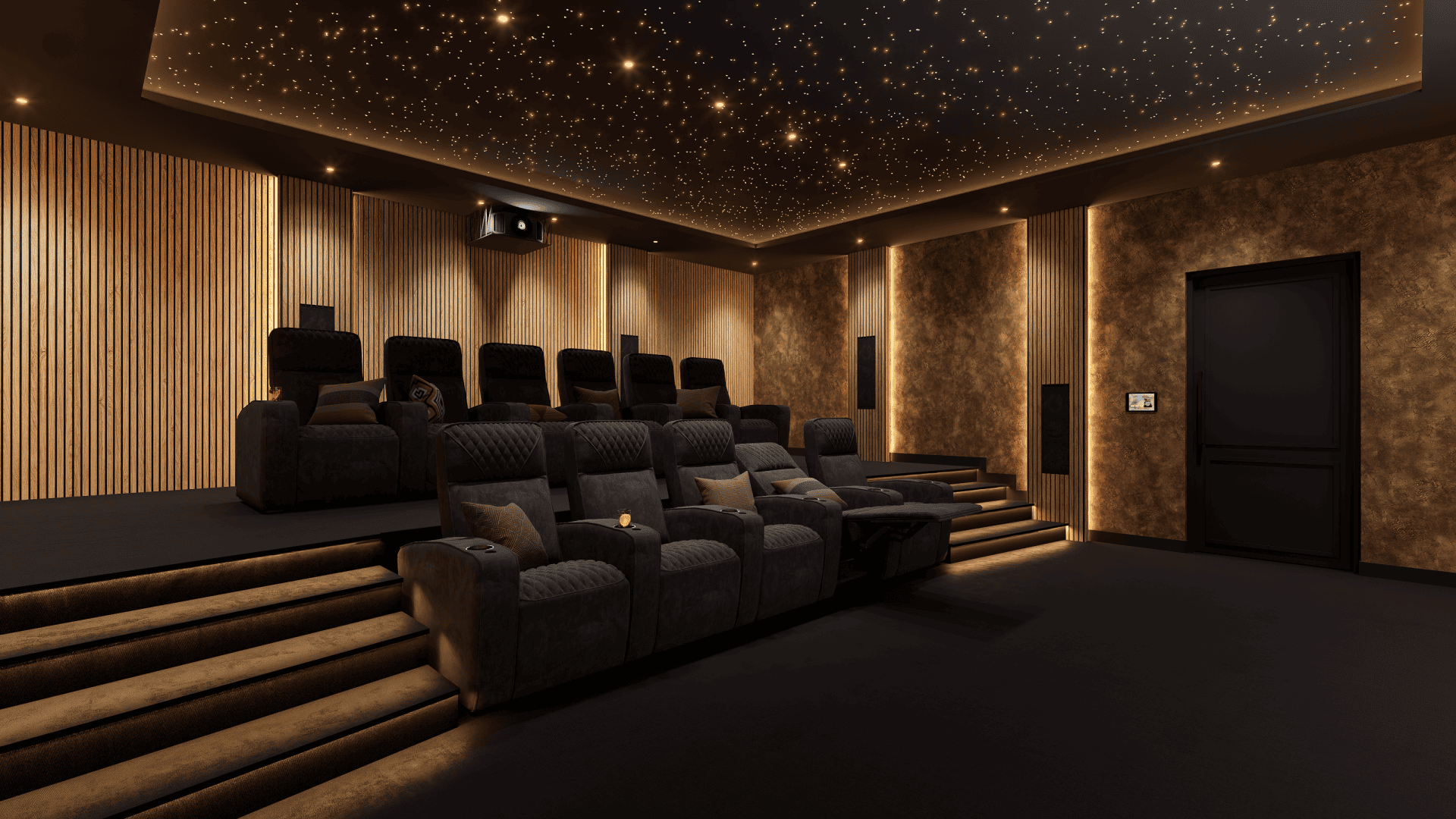 Luxe thuisbioscoop met rijen comfortabele stoelen, houten wandpanelen en een sterrenhemelplafond voor Project Aureum 0.5. Luxe thuisbioscoop met rijen comfortabele stoelen, houten wandpanelen en een sterrenhemelplafond voor Project Aureum 0.5.