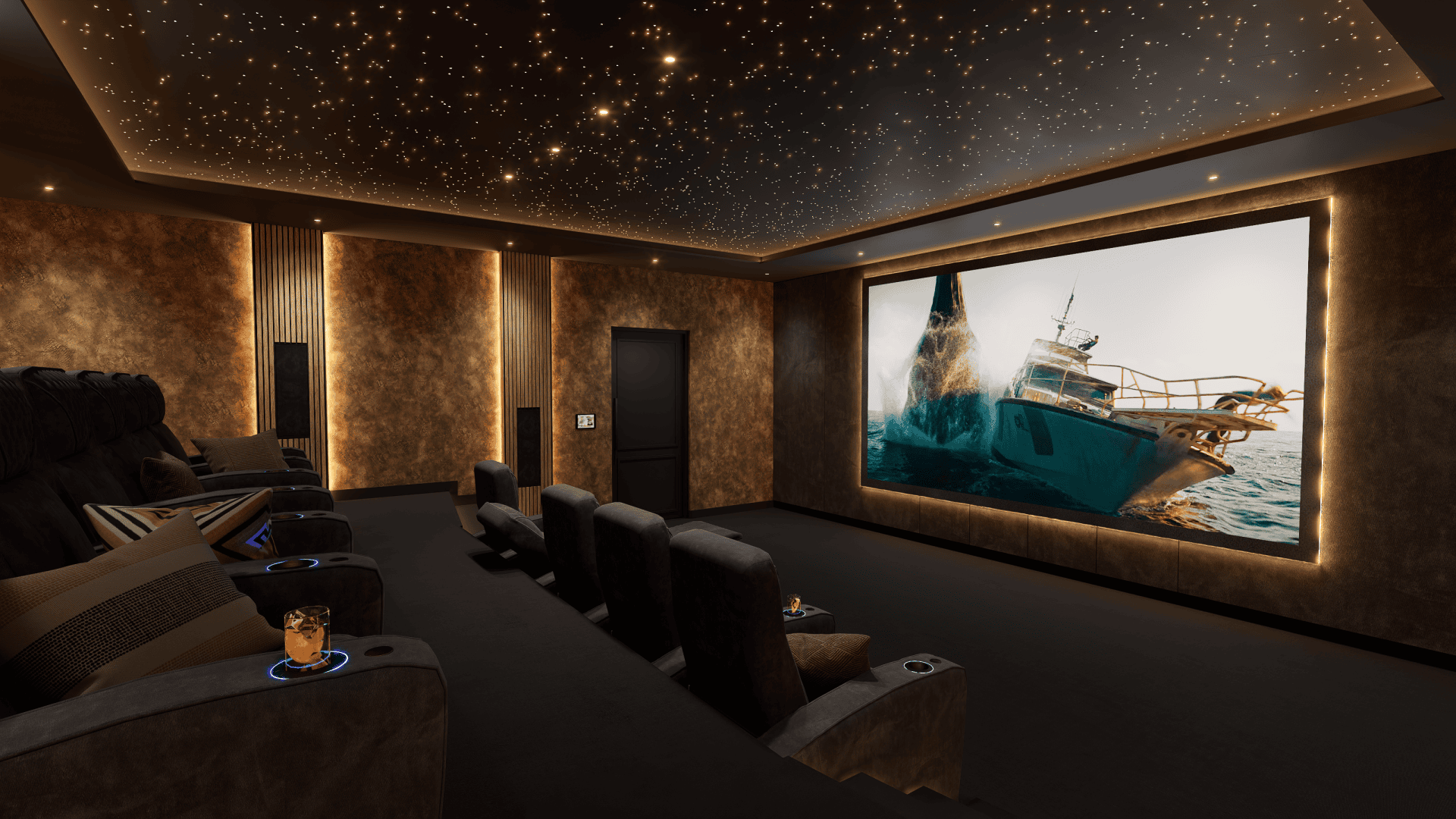 Luxe thuisbioscoop met rijen comfortabele stoelen en een groot scherm waarop een vissersboot op zee wordt getoond. Luxe thuisbioscoop met rijen comfortabele stoelen en een groot scherm waarop een vissersboot op zee wordt getoond.
