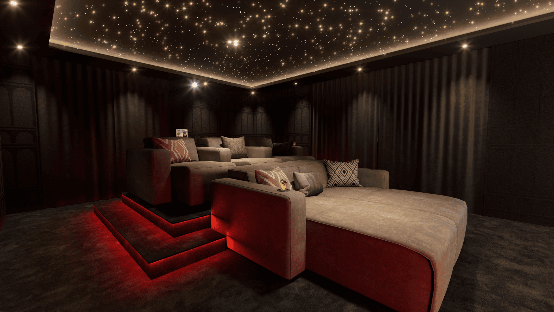 Luxe thuisbioscoop met comfortabele banken op een verhoogd podium met rode verlichting onder een plafond vol sterren.