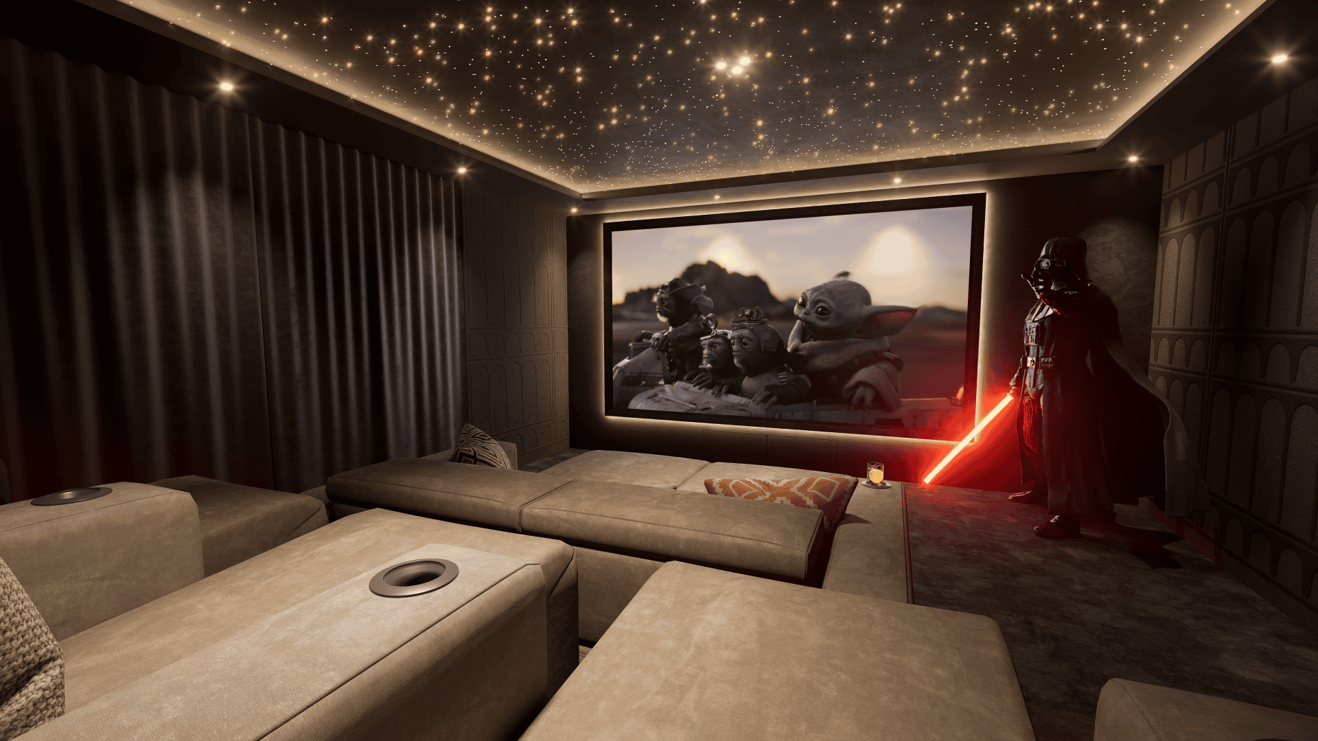 Thuisbioscoop met een levensgroot Darth Vader-beeld, een sterrenhemelplafond en een scherm met Star Wars-personages. Thuisbioscoop met een levensgroot Darth Vader-beeld, een sterrenhemelplafond en een scherm met Star Wars-personages.
