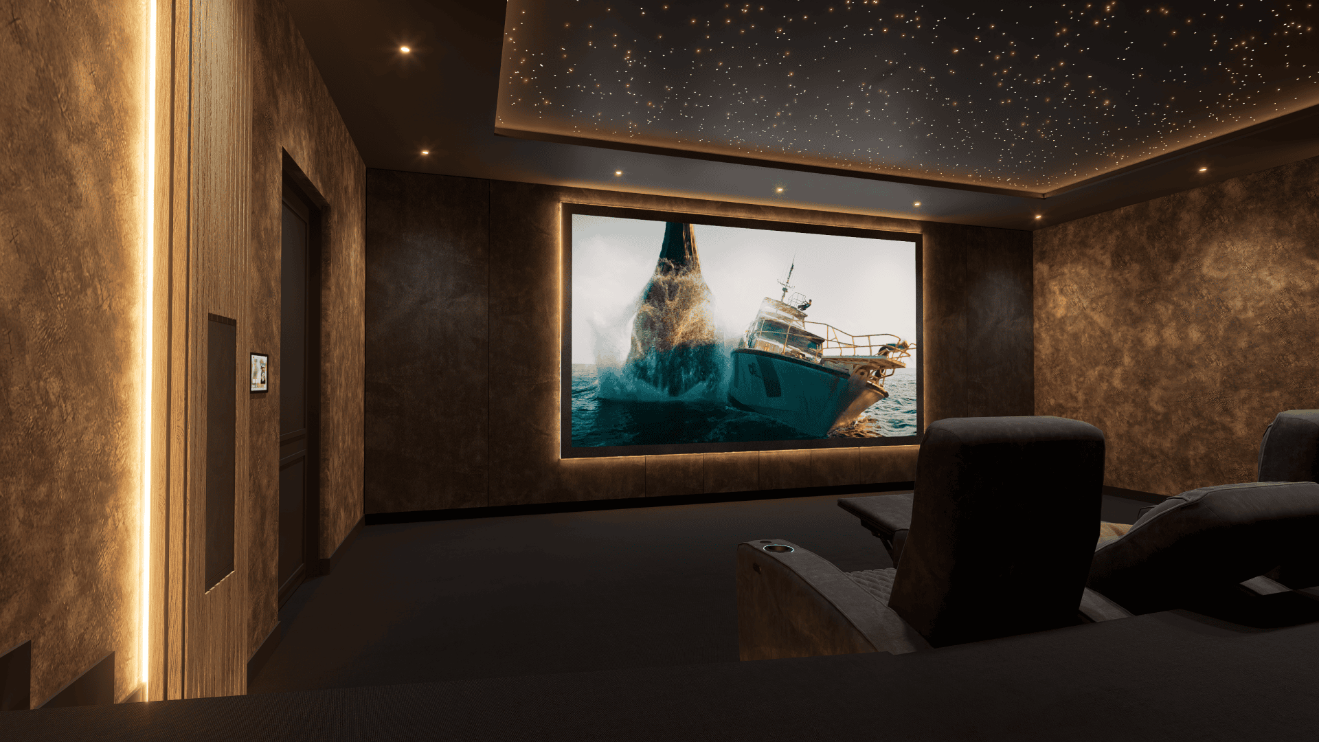 Luxe thuisbioscoop met comfortabele fauteuils en een groot scherm waarop een walvis en een schip te zien zijn. Luxe thuisbioscoop met comfortabele fauteuils en een groot scherm waarop een walvis en een schip te zien zijn.