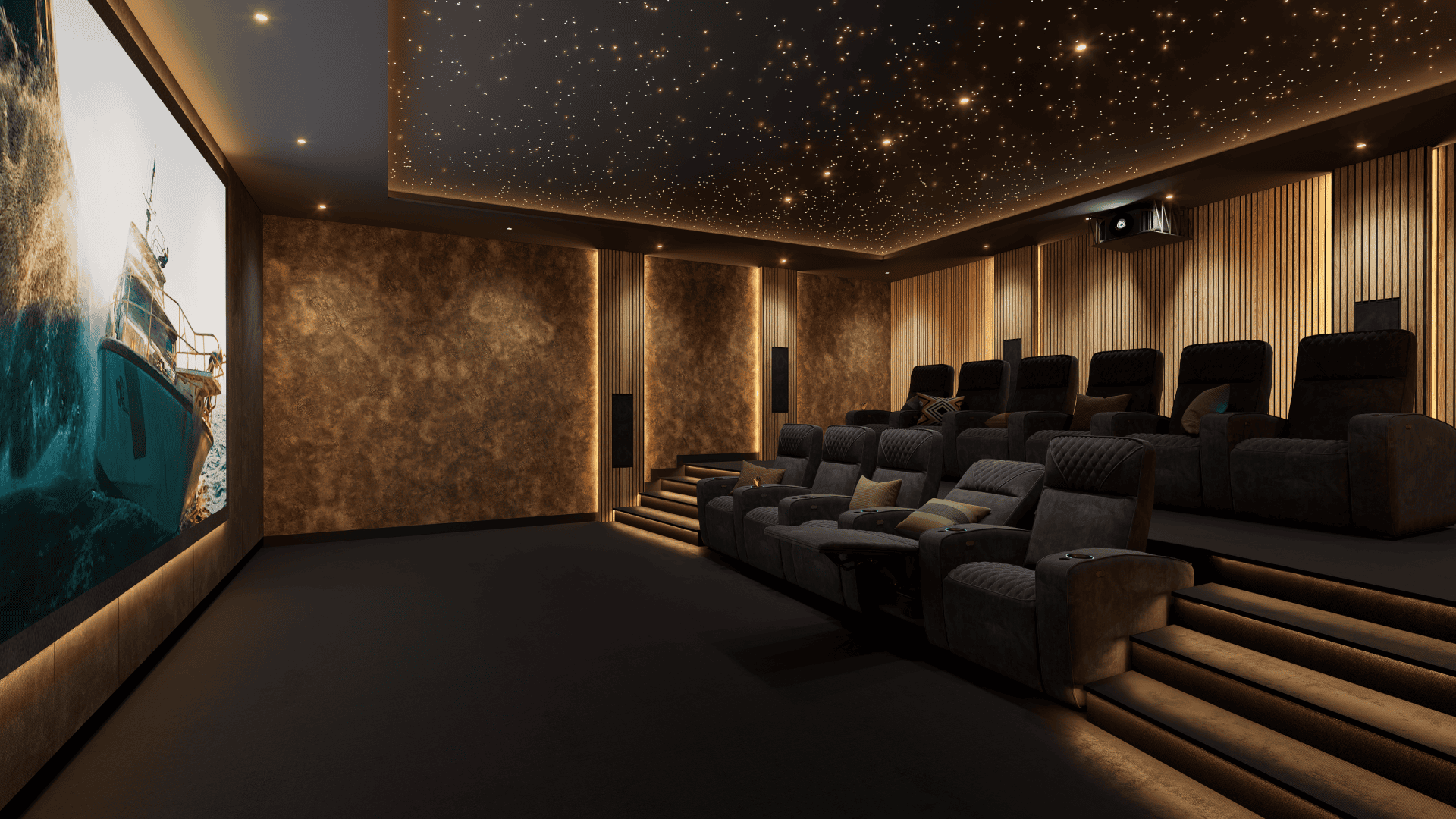 Luxe thuisbioscoop met rijen comfortabele stoelen, een groot projectiescherm en een plafond met sterrenhemel-verlichting. Luxe thuisbioscoop met rijen comfortabele stoelen, een groot projectiescherm en een plafond met sterrenhemel-verlichting.