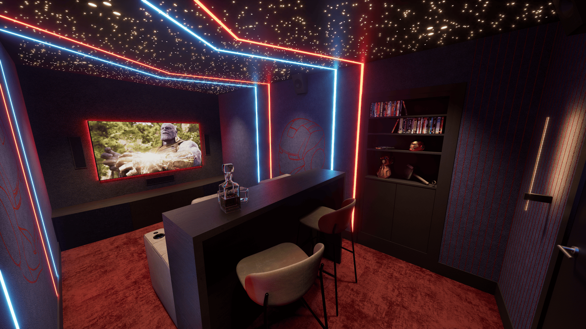Thuisbioscoop met bar, sterrenhemelplafond, neonverlichting en een scherm met Thanos, genaamd Project Infinity 0.2. Thuisbioscoop met bar, sterrenhemelplafond, neonverlichting en een scherm met Thanos, genaamd Project Infinity 0.2.