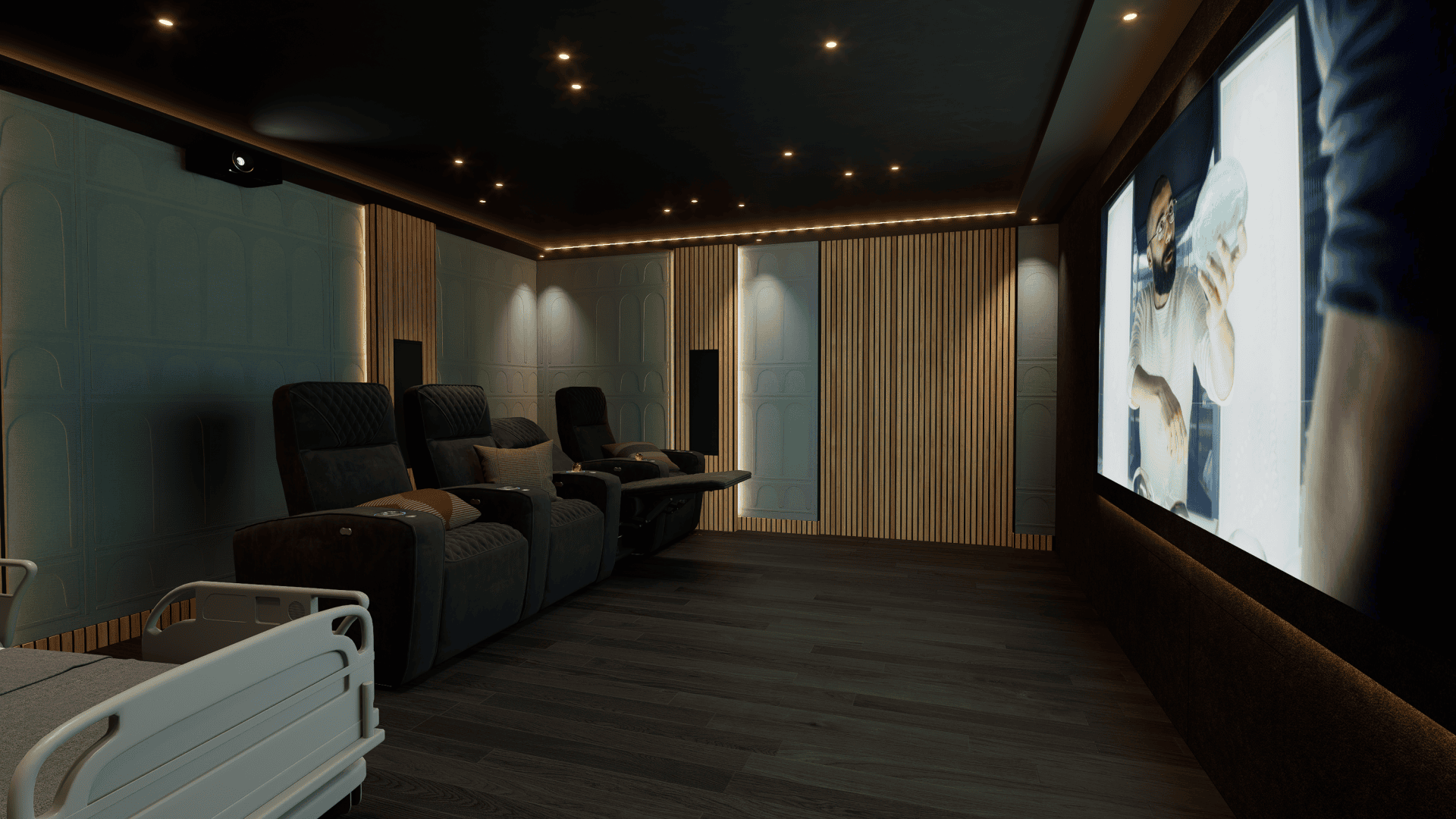 Luxe thuisbioscoop met verstelbare fauteuils, een ziekenhuisbed op de voorgrond en een groot scherm met Project Arc 0.4. Luxe thuisbioscoop met verstelbare fauteuils, een ziekenhuisbed op de voorgrond en een groot scherm met Project Arc 0.4.