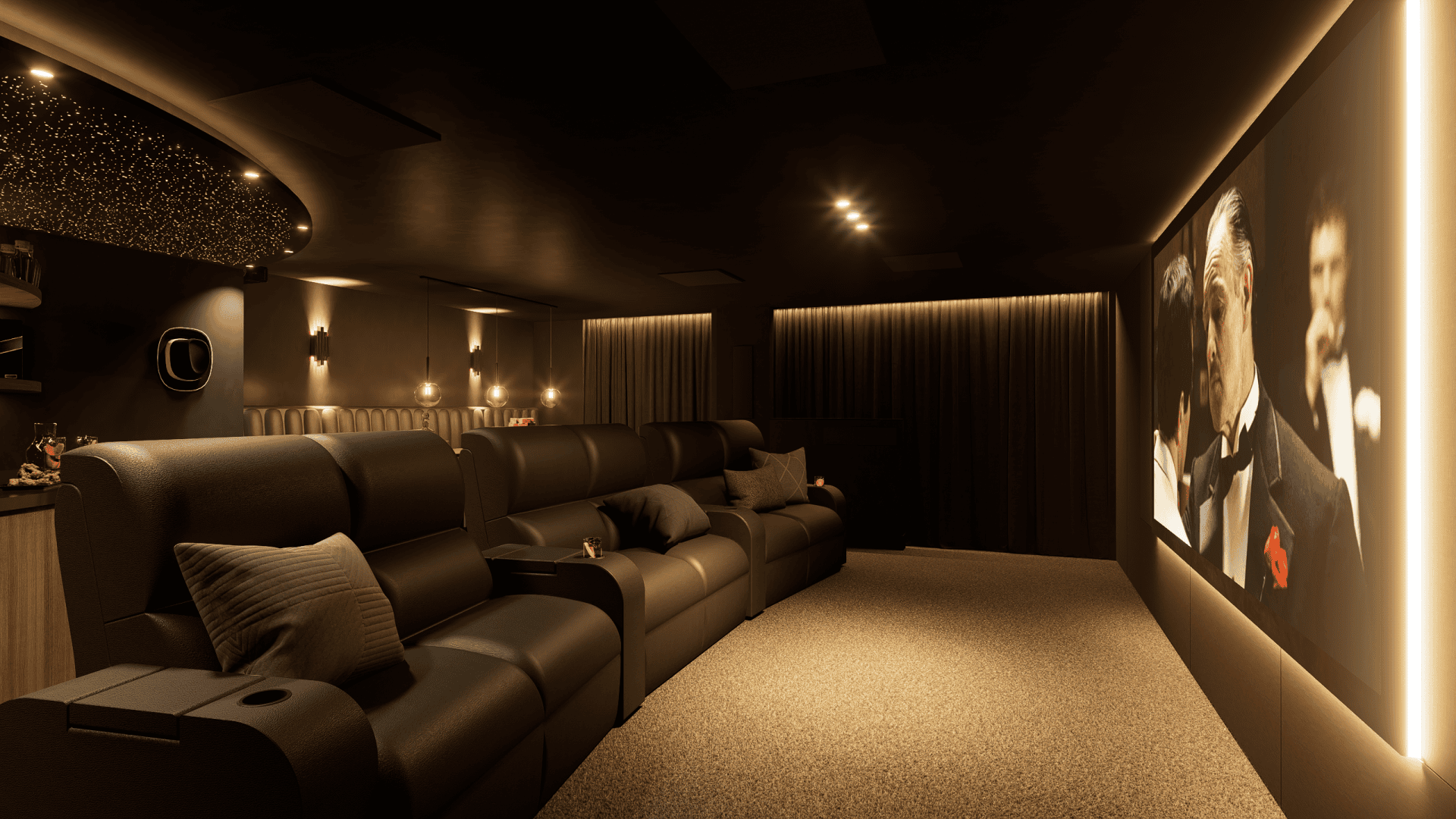 Luxe thuisbioscoop met leren fauteuils en een groot scherm waarop een scène uit The Godfather wordt getoond.