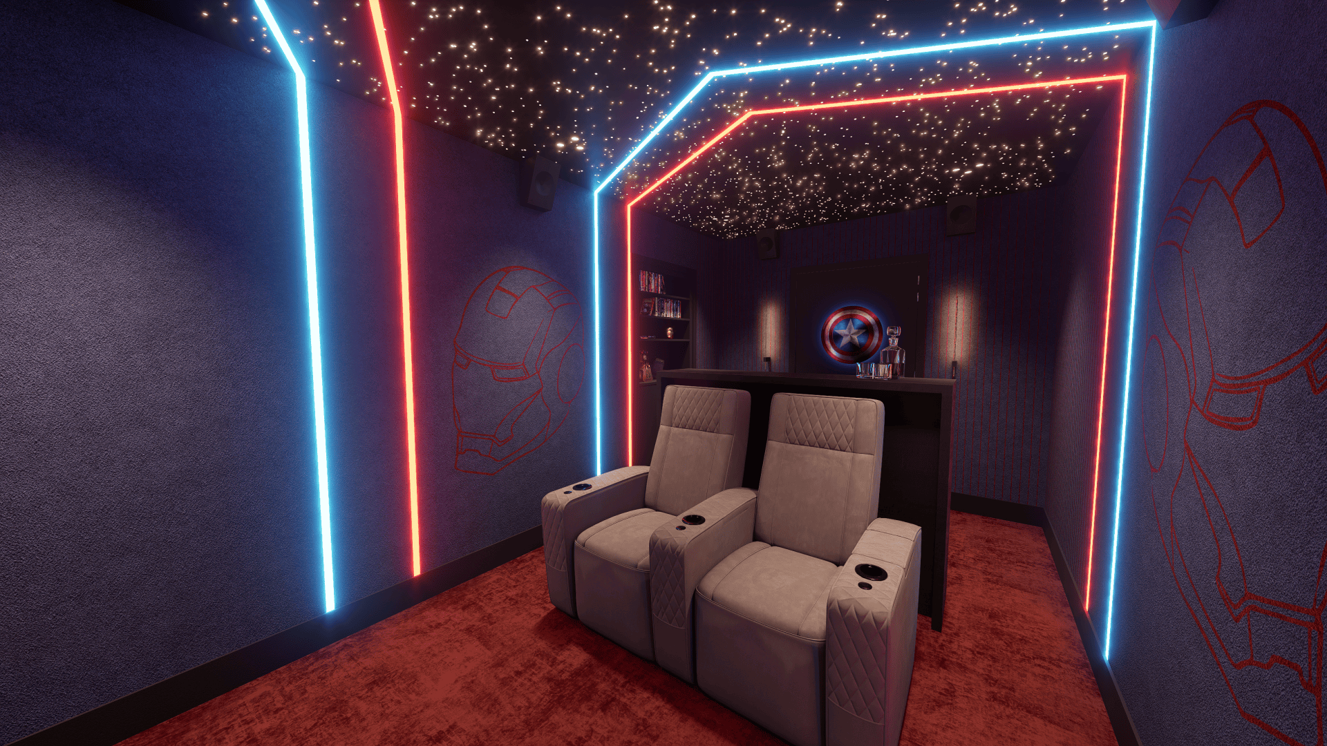 Twee grijze bioscoopstoelen in een kamer met Iron Man-muurkunst, neonverlichting en een Captain America-schild aan de muur. Twee grijze bioscoopstoelen in een kamer met Iron Man-muurkunst, neonverlichting en een Captain America-schild aan de muur.