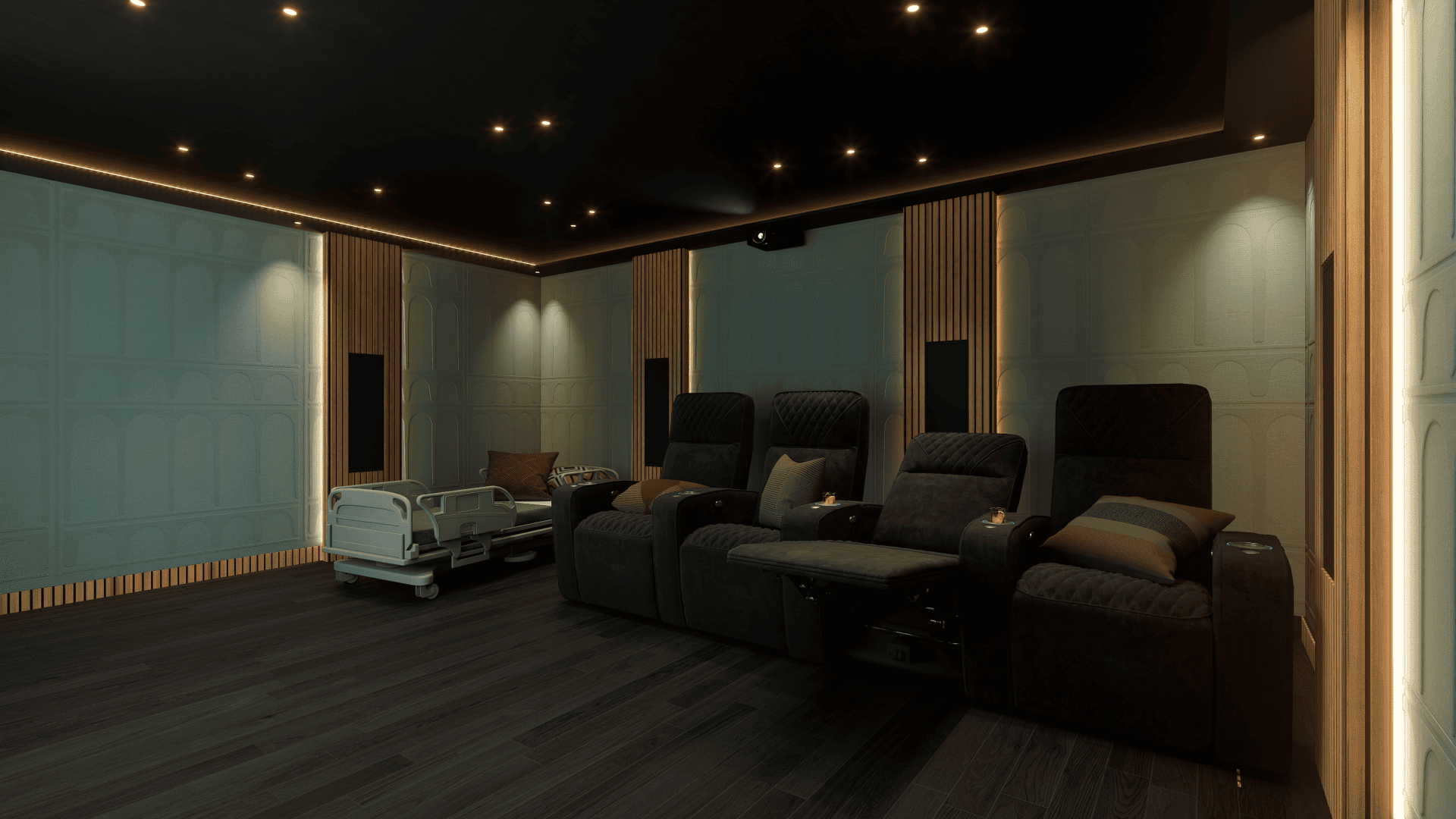 Luxe thuisbioscoop met drie verstelbare fauteuils en een medisch bed, sfeervol verlicht in Project Arc 0.2.