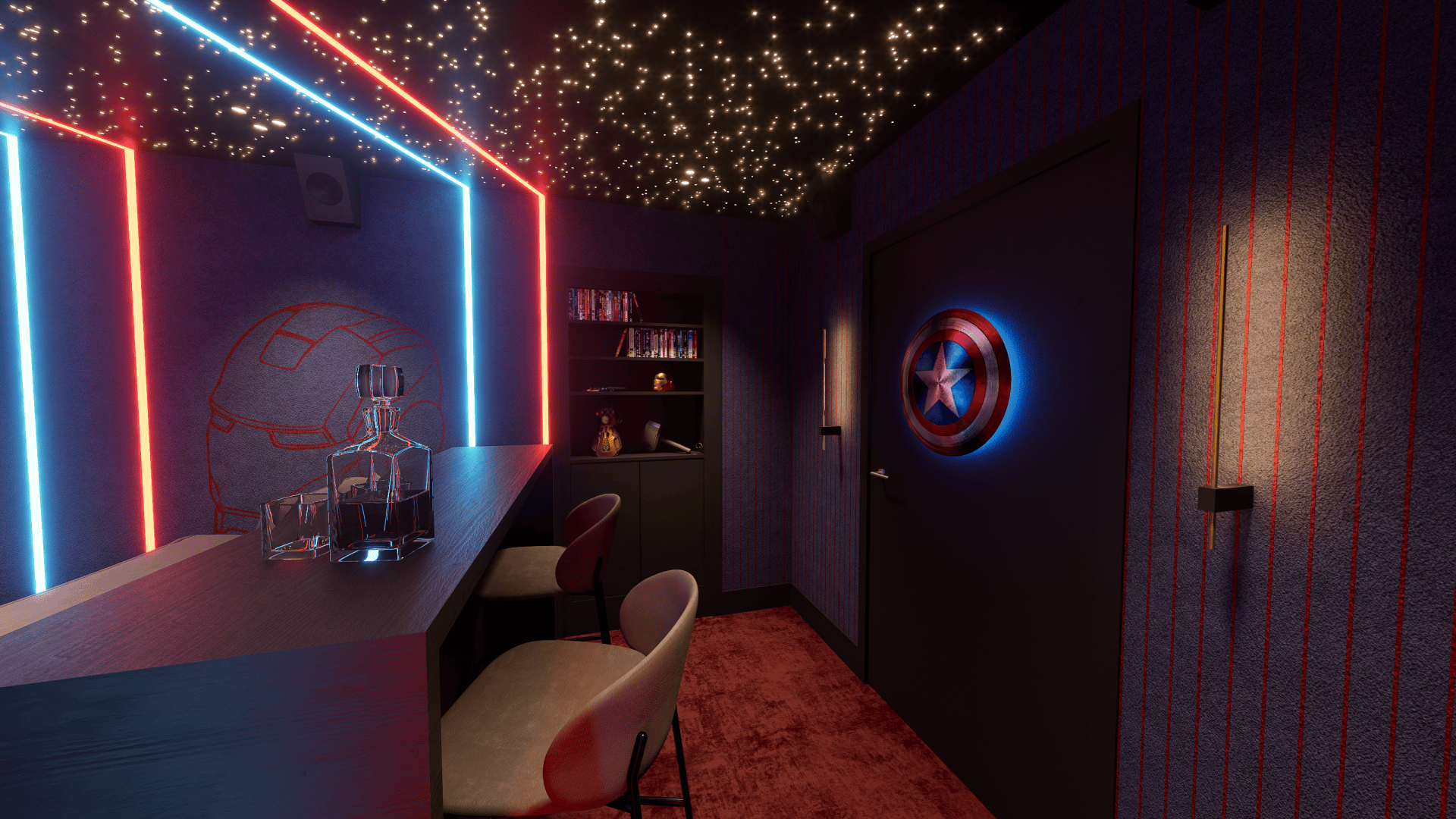 Een bar met stoelen, een Iron Man-helm op de muur en een Captain America-schild aan de deur in een kamer met sterrenhemel.