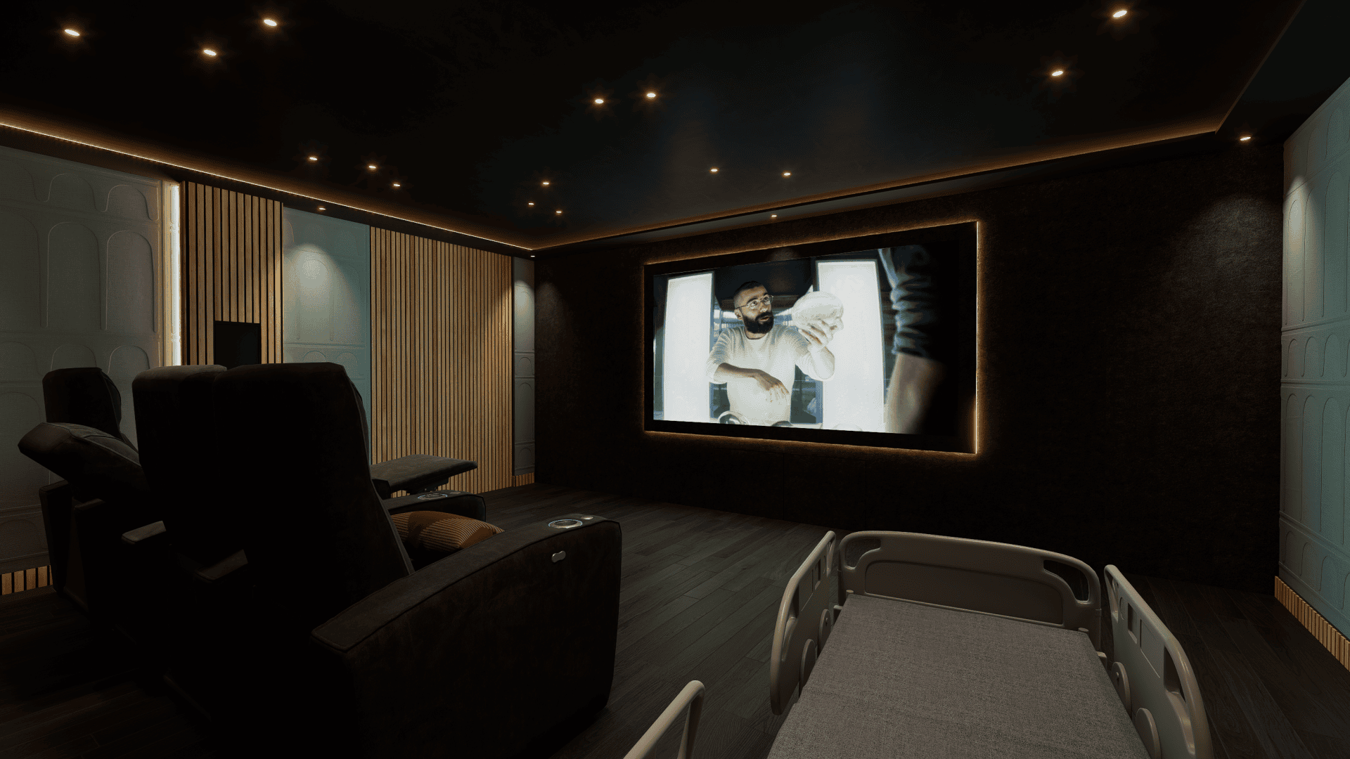 Luxe thuisbioscoop met comfortabele stoelen en een ziekenhuisbed, kijkend naar een scherm met een man in een witte jas. Luxe thuisbioscoop met comfortabele stoelen en een ziekenhuisbed, kijkend naar een scherm met een man in een witte jas.