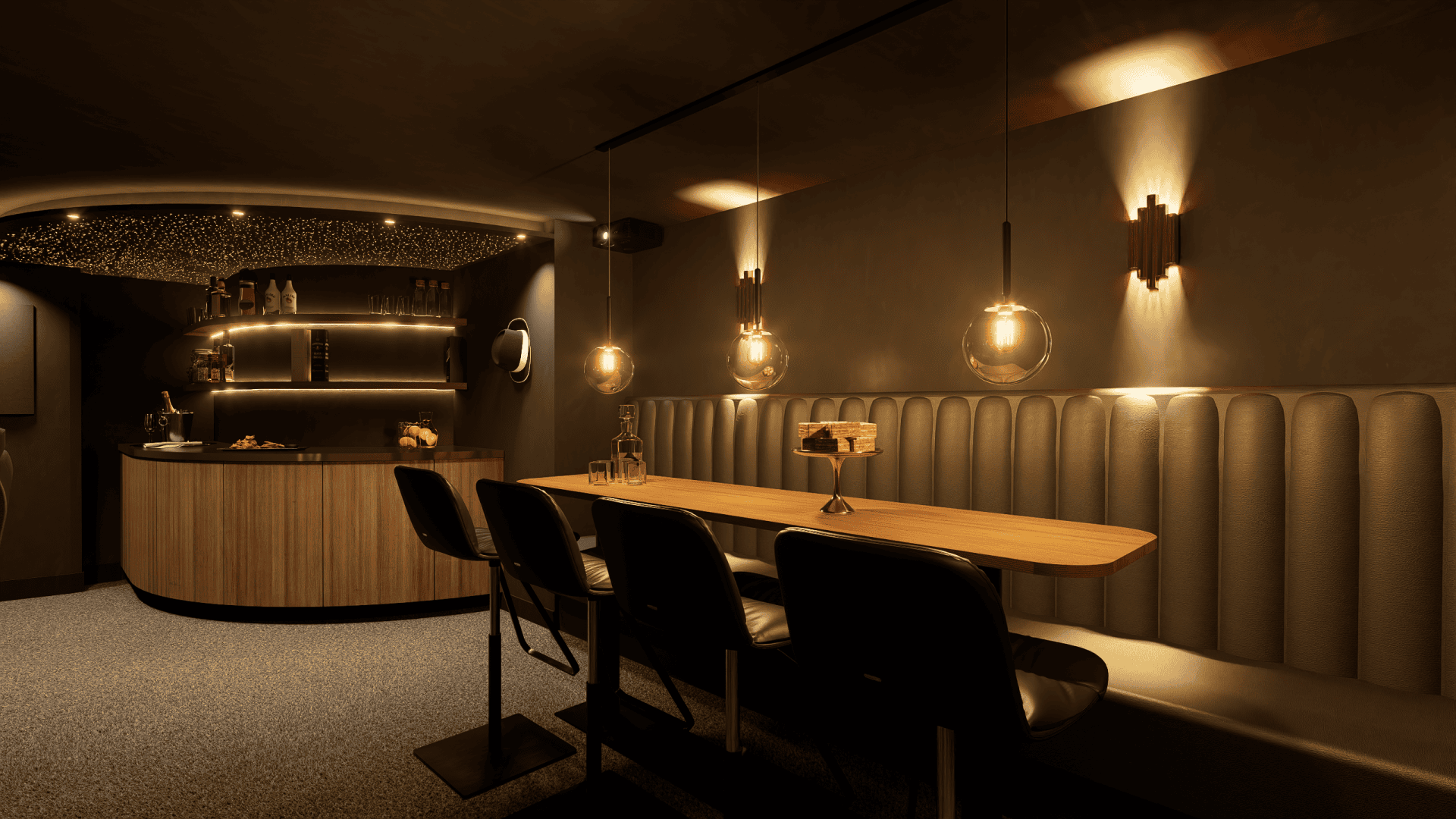 Een sfeervolle bar met een lange tafel, zwarte stoelen en warme hanglampen in de stijl van Project Omerta 0.3.