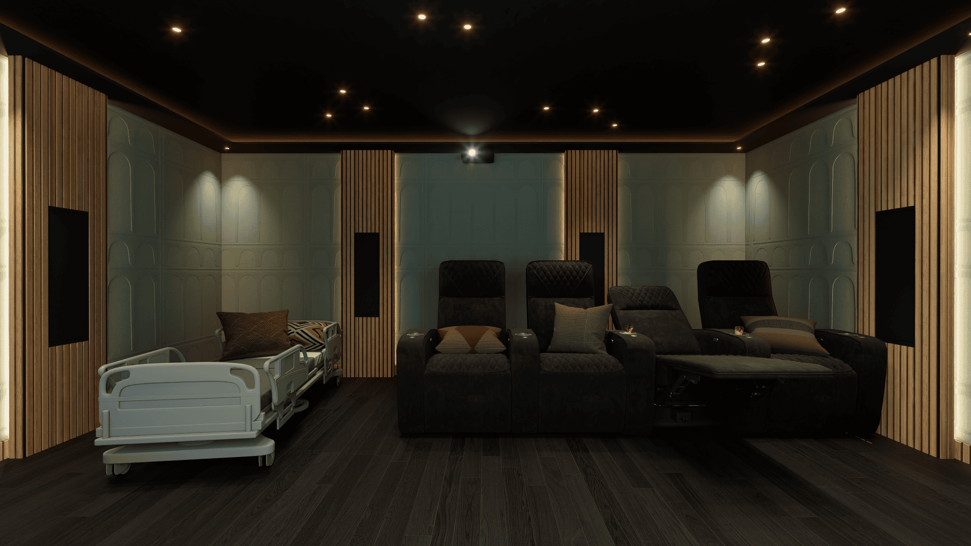 Een ziekenhuisbed naast een rij luxe bioscoopstoelen in een modern ingerichte thuisbioscoop genaamd Project Arc 0.3.