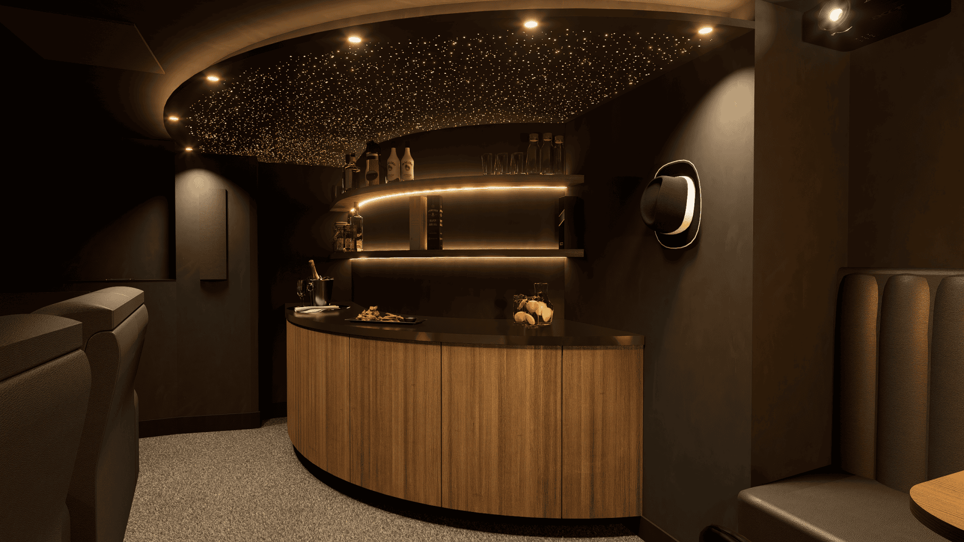 Een luxe bar met houten afwerking, sfeerverlichting en een sterrenhemelplafond in Project Omerta 0.5. Een luxe bar met houten afwerking, sfeerverlichting en een sterrenhemelplafond in Project Omerta 0.5.