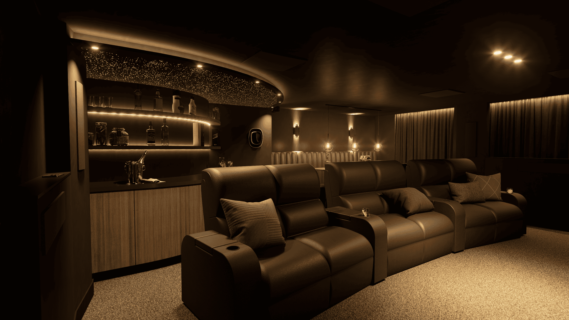 Luxe thuisbioscoop met drie leren fauteuils en een verlichte bar met flessen en glazen in een sfeervolle setting. Luxe thuisbioscoop met drie leren fauteuils en een verlichte bar met flessen en glazen in een sfeervolle setting.
