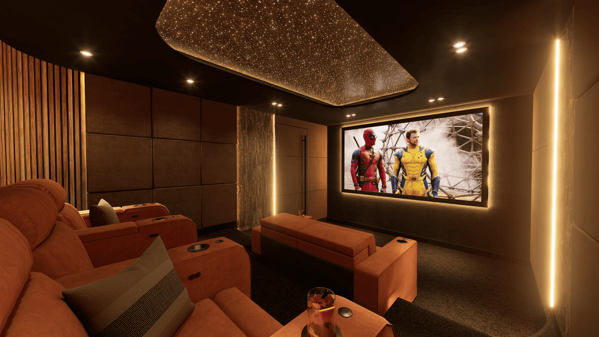 Luxe thuisbioscoop met oranje fauteuils en een groot scherm waarop Deadpool en Wolverine te zien zijn. Luxe thuisbioscoop met oranje fauteuils en een groot scherm waarop Deadpool en Wolverine te zien zijn.