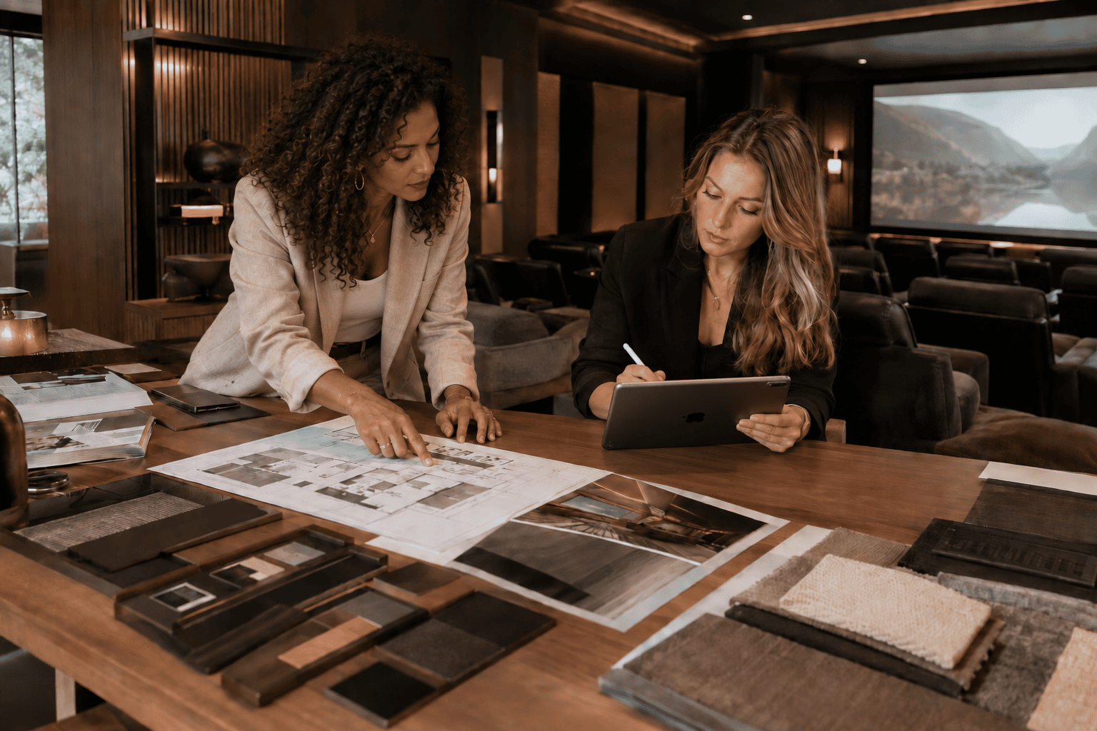 Twee architecten bespreken een bouwtekening en materiaalstalen aan een houten tafel in een luxe kantoorruimte. Twee architecten bespreken een bouwtekening en materiaalstalen aan een houten tafel in een luxe kantoorruimte.