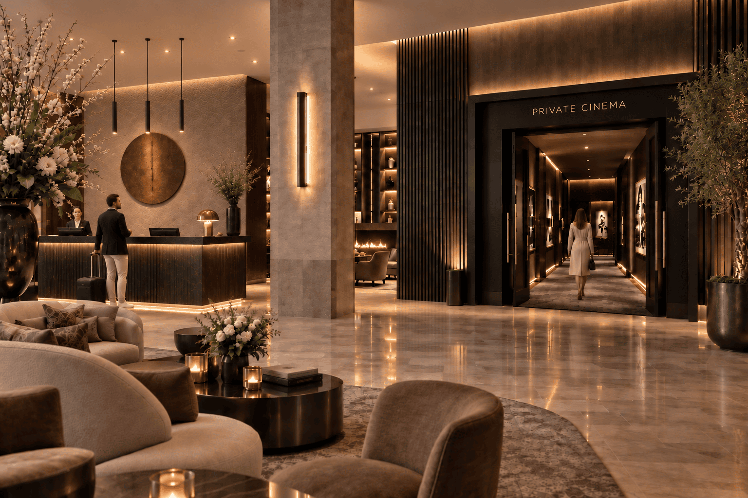 Luxe hotelinterieur met gasten bij de receptie en een doorgang naar de 'PRIVATE CINEMA'. Luxe hotelinterieur met gasten bij de receptie en een doorgang naar de 'PRIVATE CINEMA'.