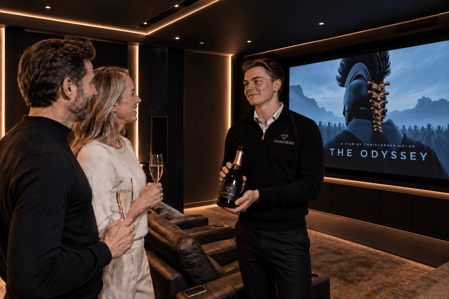 Een man en vrouw met champagneglazen in gesprek met een man die een fles Moresenz vasthoudt in een thuisbioscoop. Een man en vrouw met champagneglazen in gesprek met een man die een fles Moresenz vasthoudt in een thuisbioscoop.
